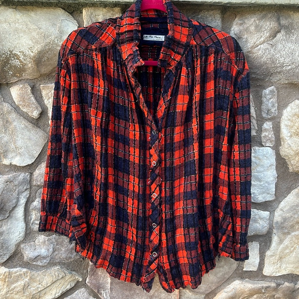 Free People We The Free Button Down Lela Metallic Plaid Flannel Snap Button XS